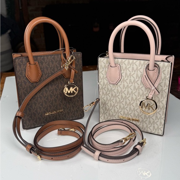 Michael Kors Brown & Blush Pink Cream XS Leather Mercer Handbag Crossbody - Two - Picture 1 of 14